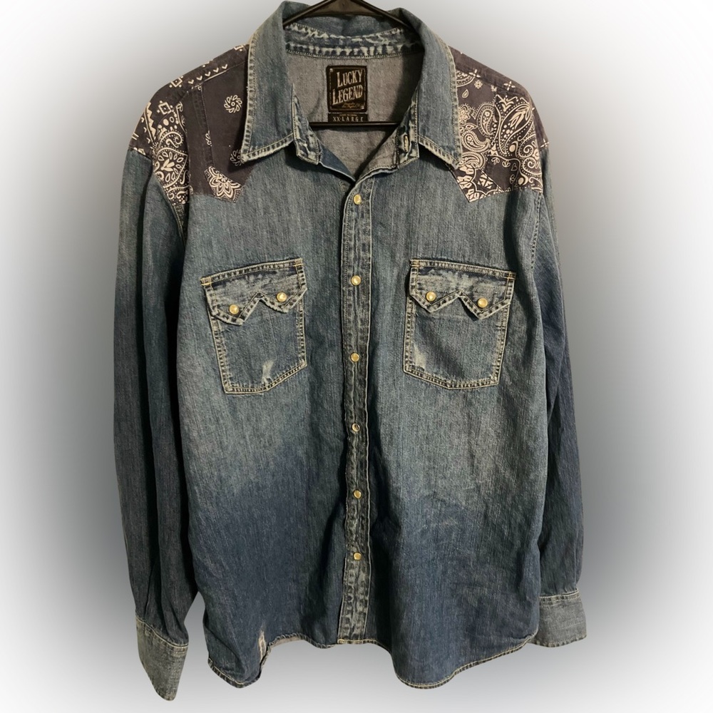 Lucky Brand Jean Button Up Shirt Men's 2X Pearl Snap Paisley Bandana Western